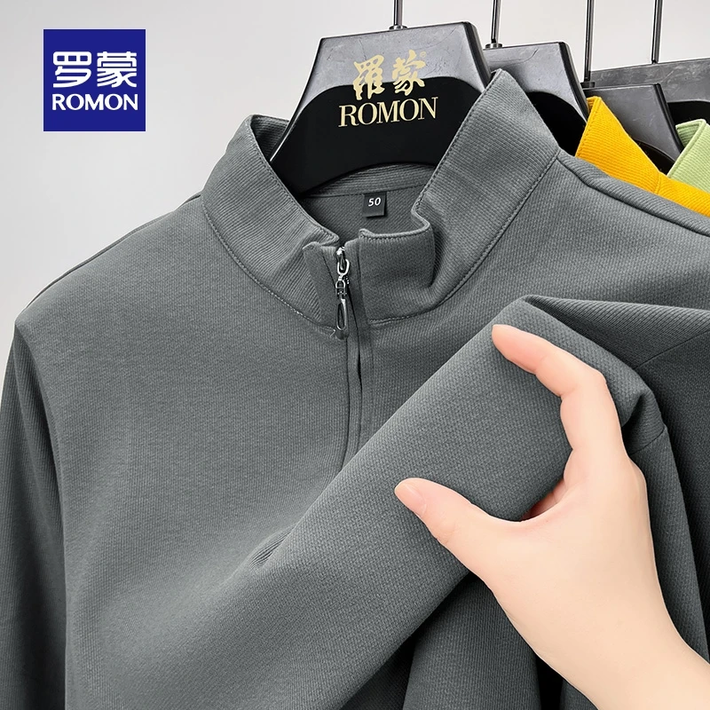 罗蒙男士拉链立领长袖T恤衫2025秋季新款时尚休闲宽松纯色上衣