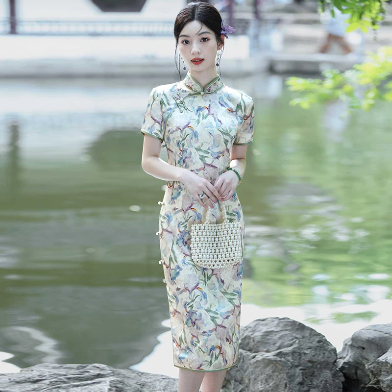 110Z中长款 L4192025手工正宗桑蚕丝真丝国风时古气质旗袍连衣裙