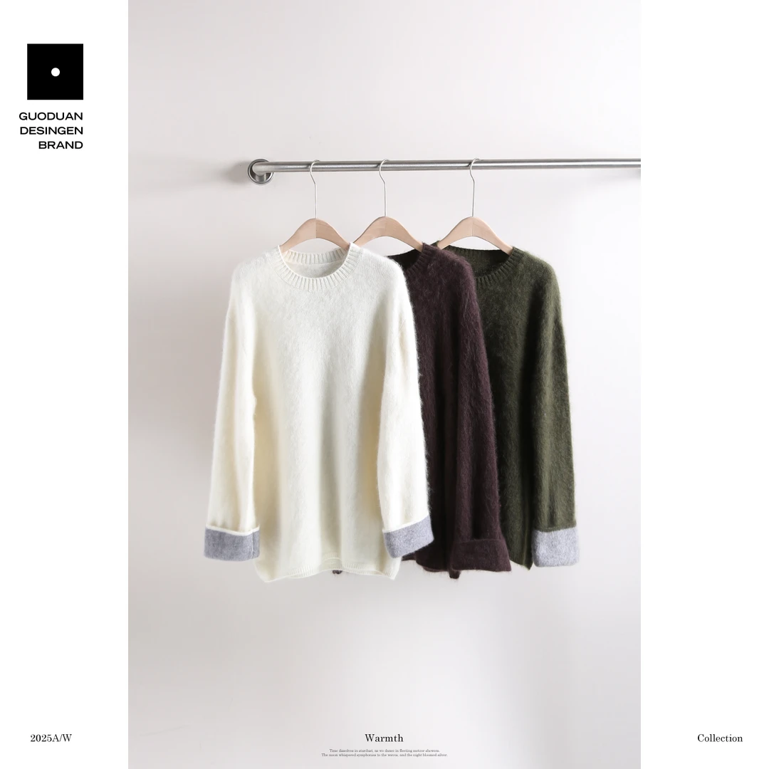 果缎 温柔撞色圆领羊毛拉毛毛衣宽松慵懒风 MJK3-25017