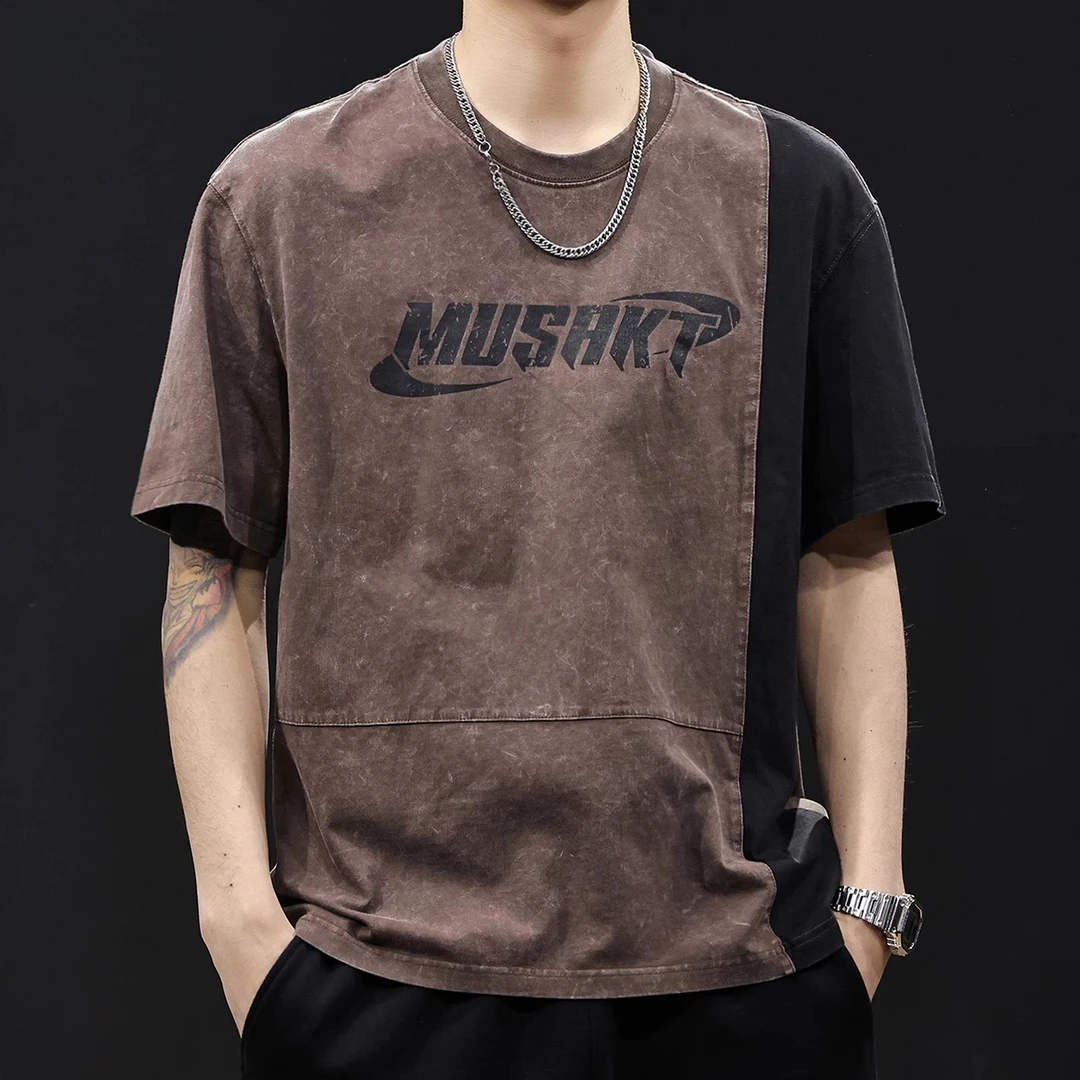 新款日系潮牌本布异色拼接短袖t恤男2025夏高端大码衣服半袖体恤