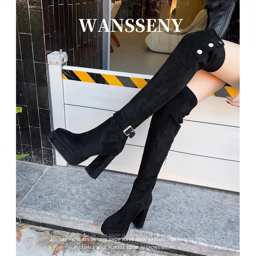 WANSSENY过膝长靴女2025新款粗跟高跟长筒瘦瘦靴防水台显瘦时装靴