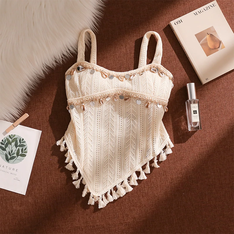 度假风复古流苏针织吊带背心女夏季气质不规则设计感高腰显瘦上衣