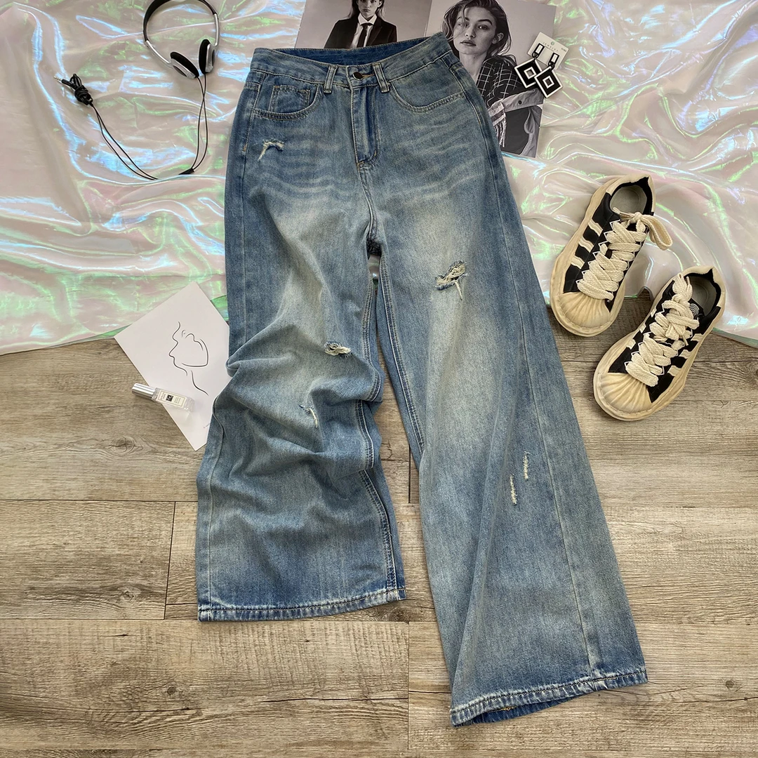 复古破洞直筒牛仔裤女秋季薄款2025年高腰显瘦宽松小个子阔腿裤女