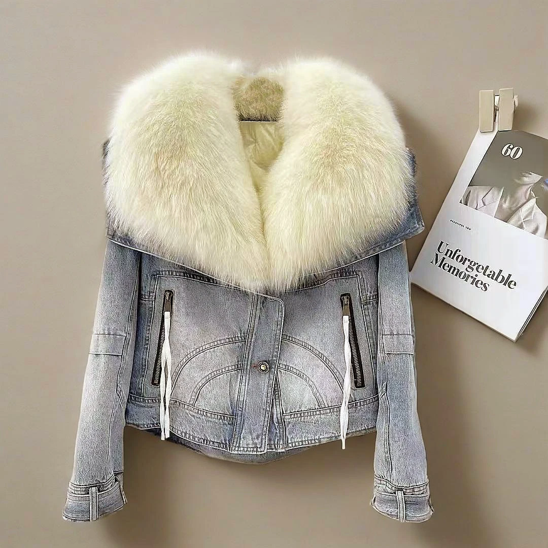 TYNS【375】秋冬季鹅绒欧货时尚网红百搭外套狐狸大毛领牛仔羽绒服