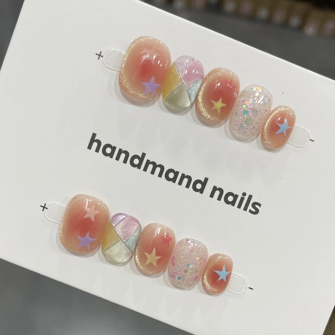 【星光跳跳糖】夏天彩虹短款显白纯手工穿戴甲精品时尚美甲