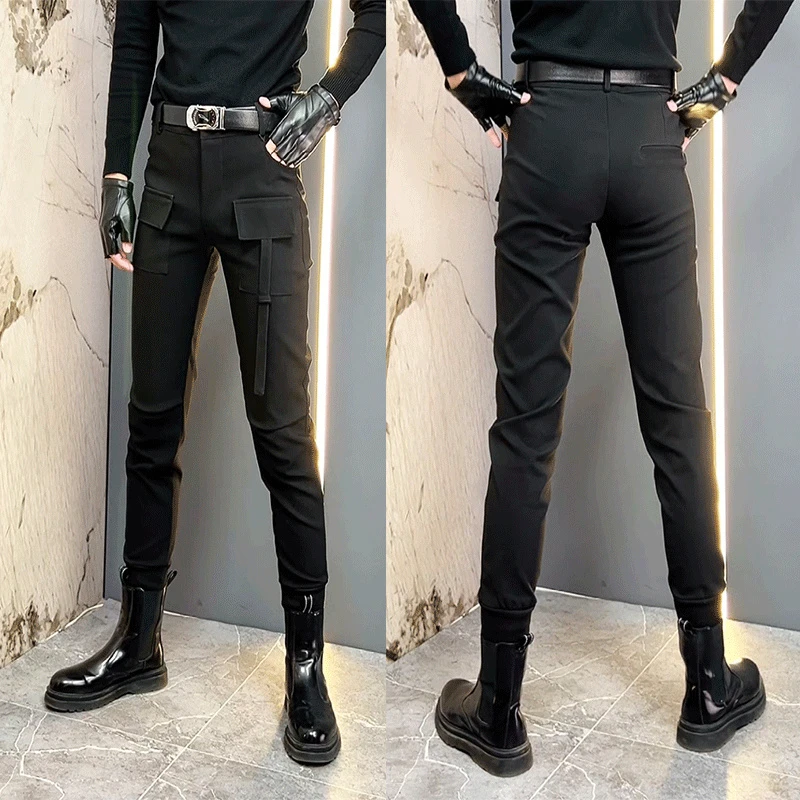 男士痞帅束脚工装裤春季新款黑色修身西裤不对称设计时尚休闲裤