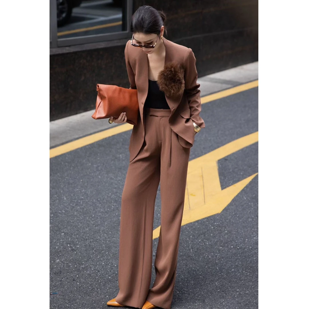 2025秋款新款V领一粒扣简约高级感醋酸西装套装裤配花朵两件套女