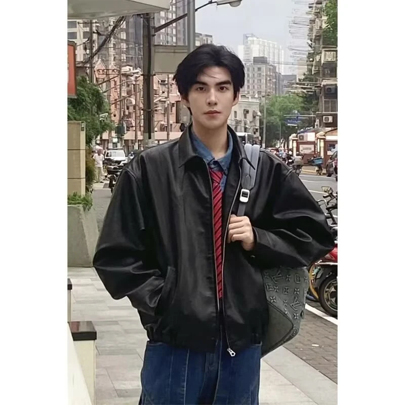 美式复古黑色皮衣外套男高级感秋季痞帅垫肩夹克机车服休闲风宽松