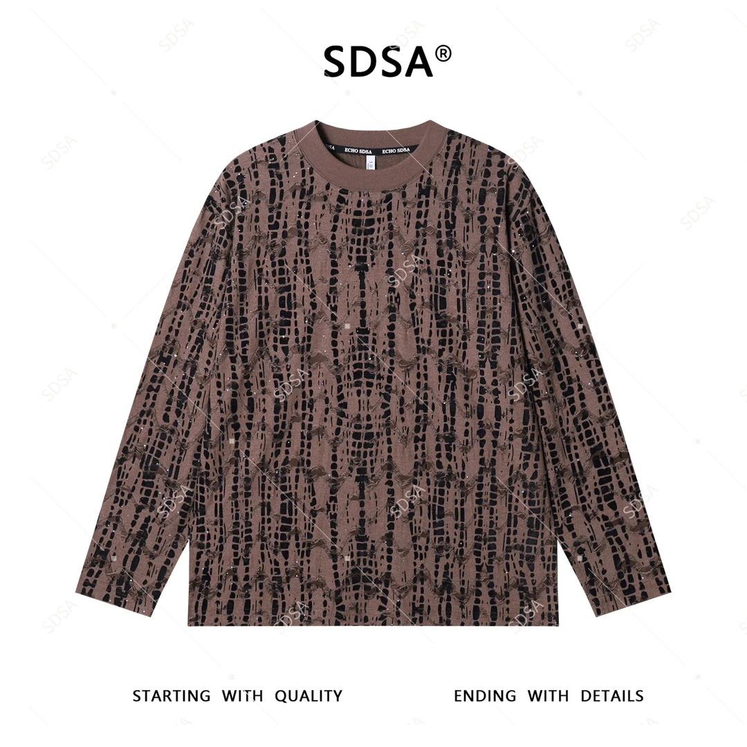 SDSA男士秋冬新款轻奢痞帅男装磨破植绒满天星圆领长袖T恤时尚潮