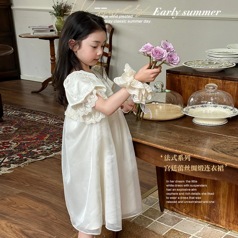 SKC2450女童韩版高级感连衣裙夏装新款泡泡袖蕾丝网纱公主裙潮