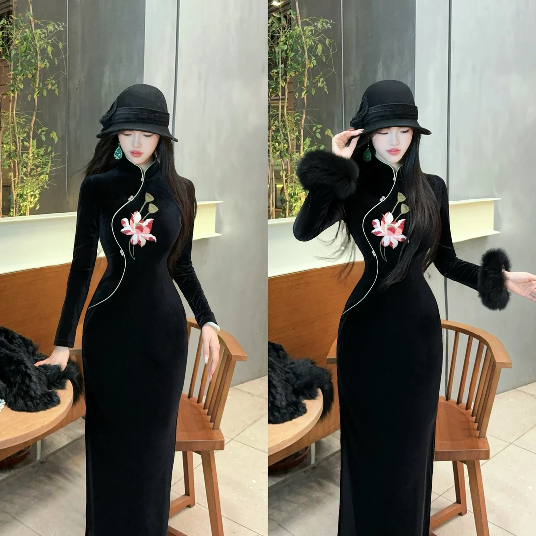 LHMknk1画报夫人原创刺绣旗袍 长袖丝绒心有莲花特价不退不换