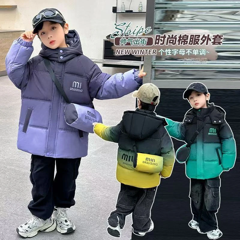 (送包包)男童中小童渐变色包包加绒加厚棉服洋气帅气冬季冬季
