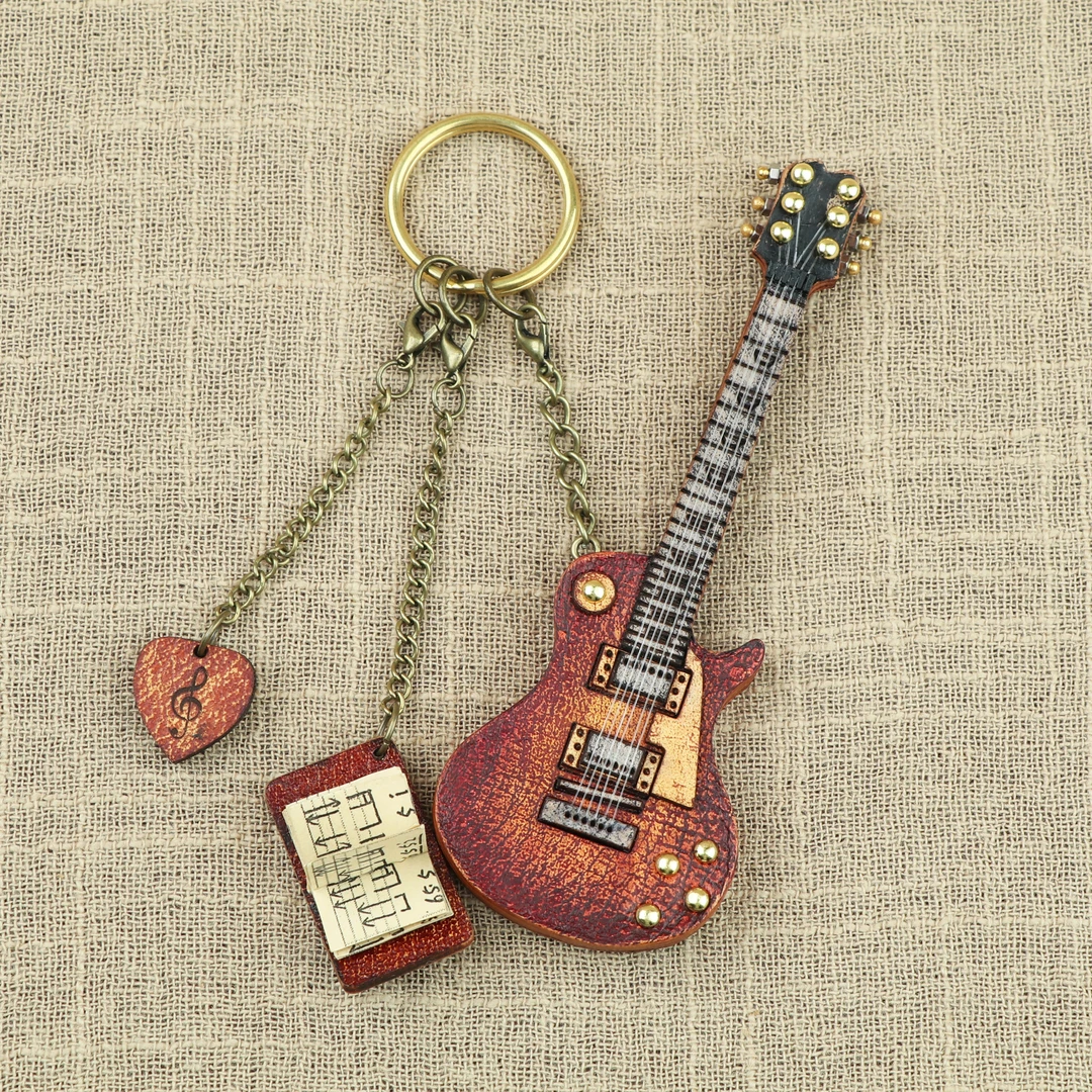 手工真皮迷你ST型/LP型电吉他钥匙扣挂件珍藏展示品牛皮包包装饰