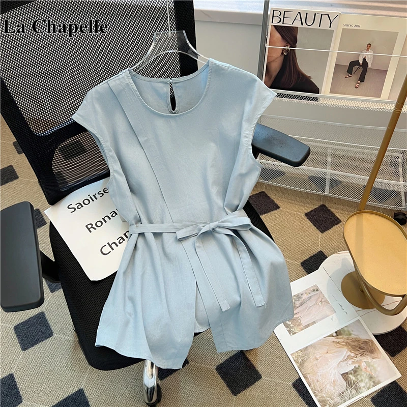 拉夏贝尔不规则绑带收腰无袖衬衫女夏季气质法式小衫简约背心上衣