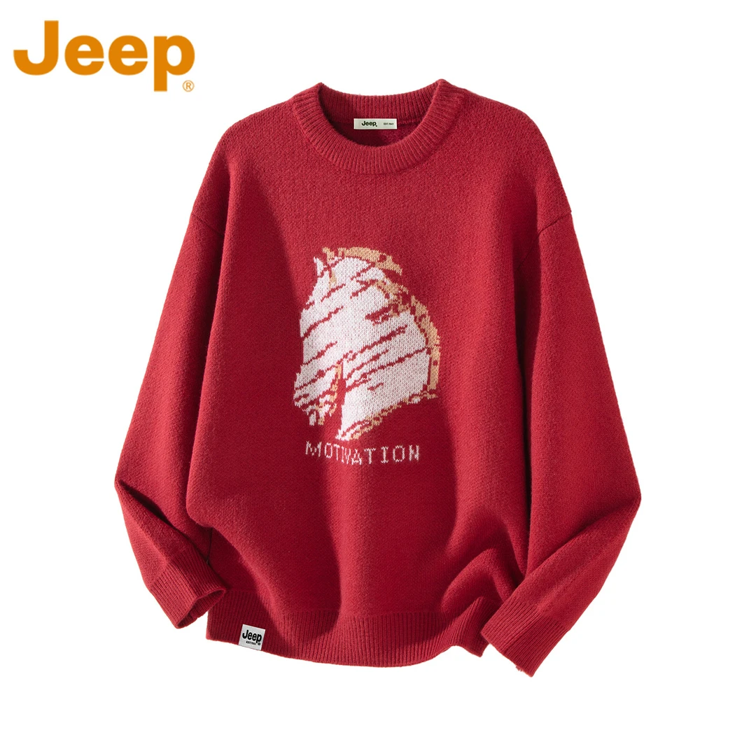 JEEP吉普马年高端骏马印花毛衣男秋冬新款圆领内搭休闲针织衫上衣