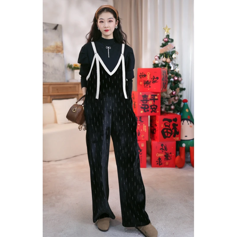 网红孕妇装加绒加厚背带裤+针织上衣两件套套装