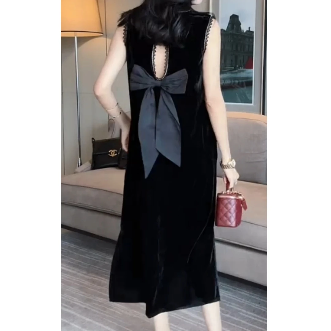 夏季新款黑色金丝绒露背款蝴蝶结开叉显瘦女连衣裙百搭时尚