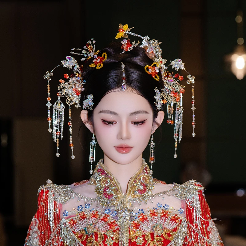 合金婚庆饰品 新娘头饰减龄银橘色甜美秀禾服流苏结婚头饰品G0263
