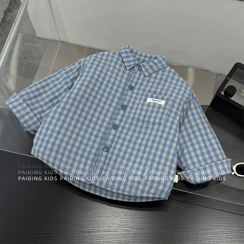 冬装儿童韩版简约标小口袋格纹休闲保暖翻领棉服外套HCXZ4583-DD1