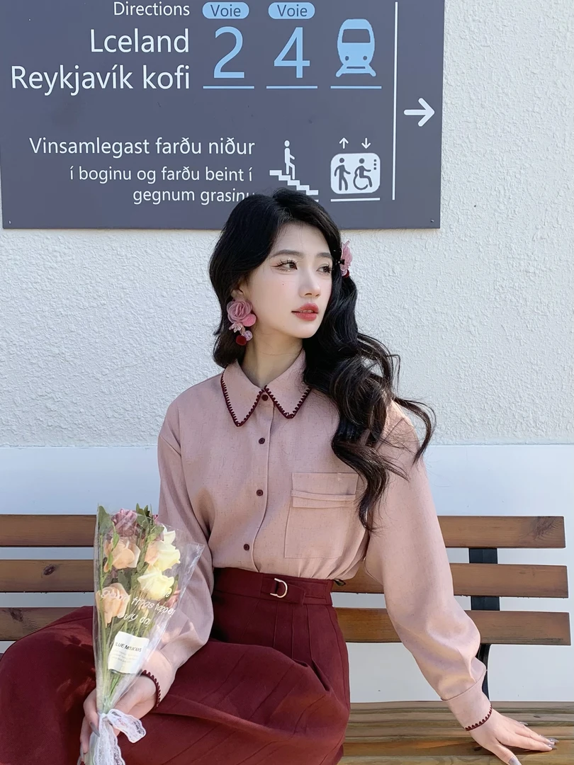 丁佳欣【春日浪漫】港风复古斜纹长袖衬衫女宽松显瘦上衣JR3882150