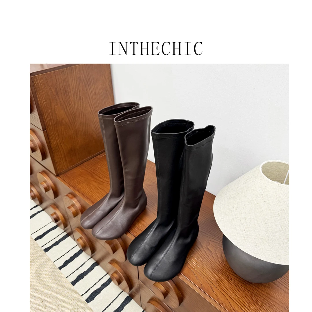 INTHECHIC 巨巨显瘦弹力羊皮瘦瘦靴 娃娃大头内增高弹力高筒靴
