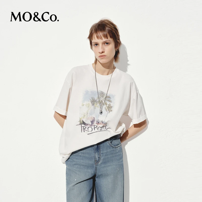 MOCOT恤2025夏新品棉质度假风做旧印花宽松落肩短袖MBE2TEET15