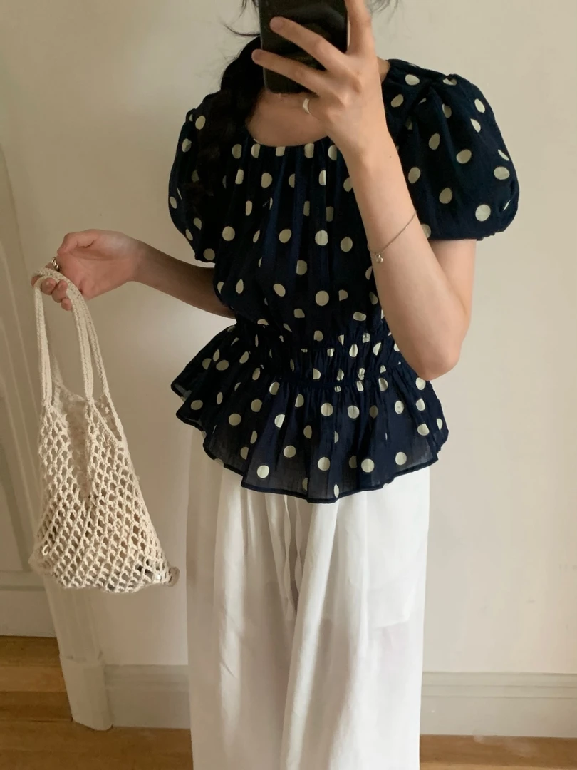 vvs@1011 韩系复古甜美风波点橡筋收腰小衫 6-4