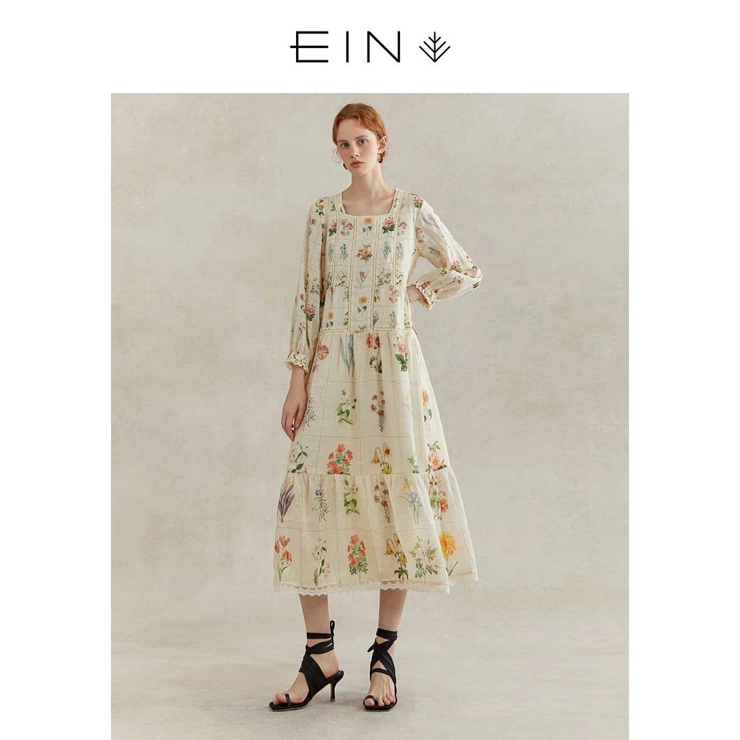 EIN/言2025年早春法式复古百花图鉴印花方领连衣裙荷叶边拼接女装
