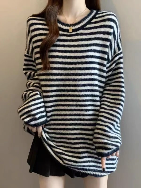 -287A-慵懒风条纹绒毛针织衫正肩毛衣女秋新款大码中长款上衣