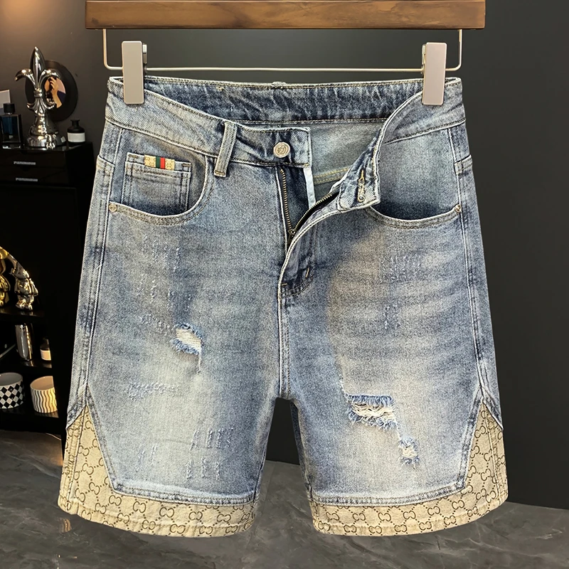 夏季薄款轻奢潮牌高端复古乞丐破洞牛仔短裤男拼接中裤弹力五分裤
