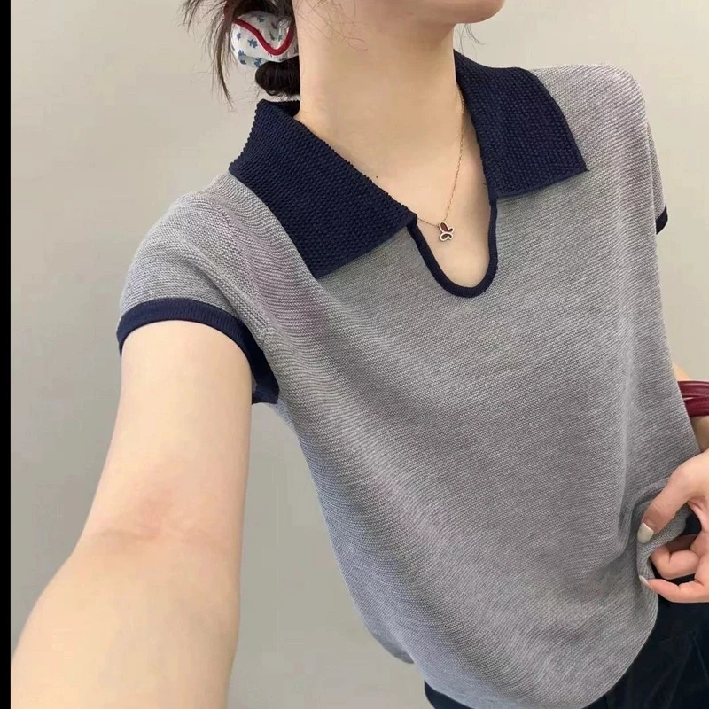 法式polo领撞色针织短袖上衣女2025夏季时尚小众别致短款