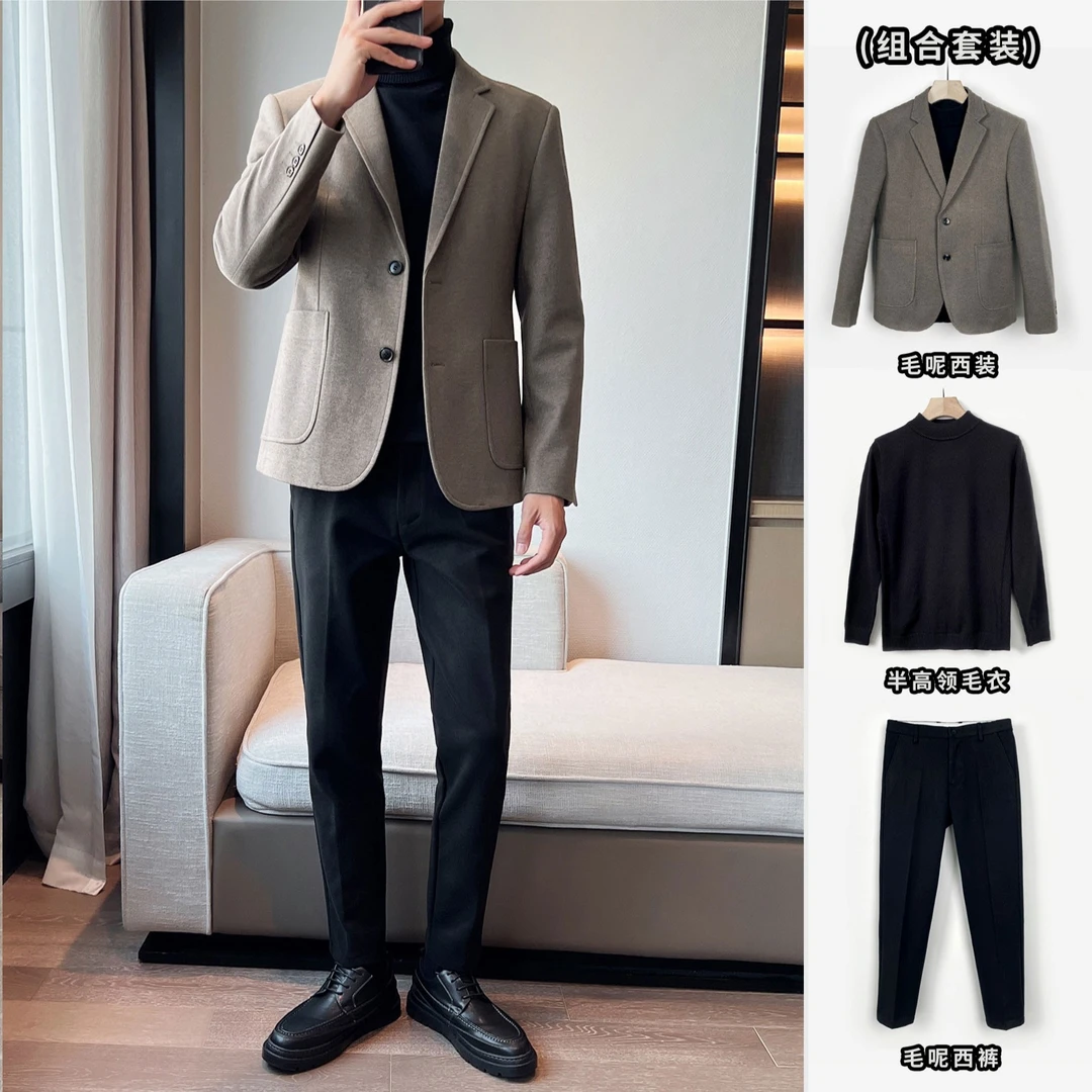 三件套秋季新款男西服修身套装韩版潮流休闲西装加厚帅气呢外套男