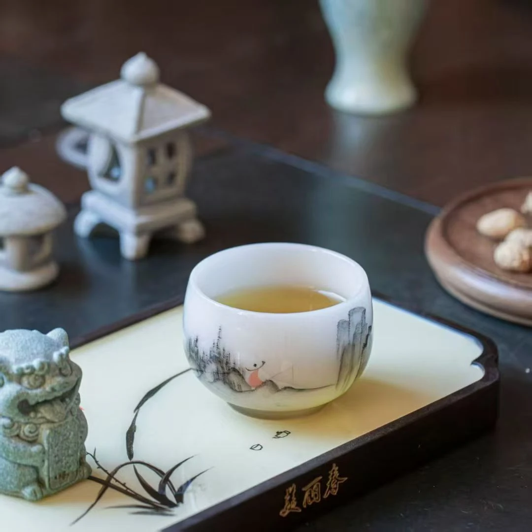 德化白瓷冰种璞玉手绘釉下彩大容量主人杯高档陶瓷家用送礼单杯