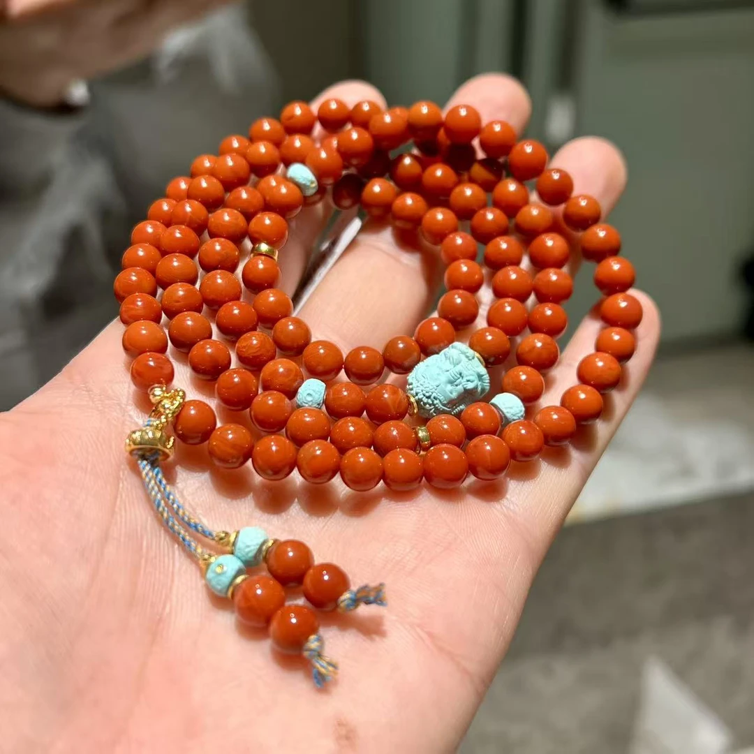 【熊总夫妇】满色满肉锦红南红圆珠象神diy多圈项链-约6mm+