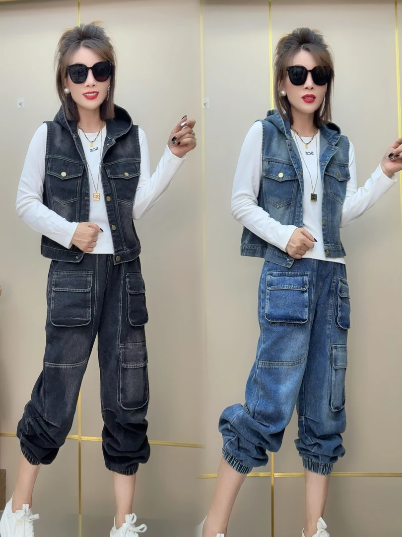 牛仔马甲外套打底衫牛仔裤三件套