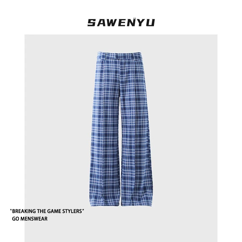 SAWENYU 高街复古蓝色格子纹休闲裤男女美式阔腿松弛感拖地长裤子