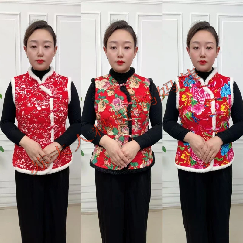 东北大花中老年复古中式加厚中国风保暖马甲外套民族风