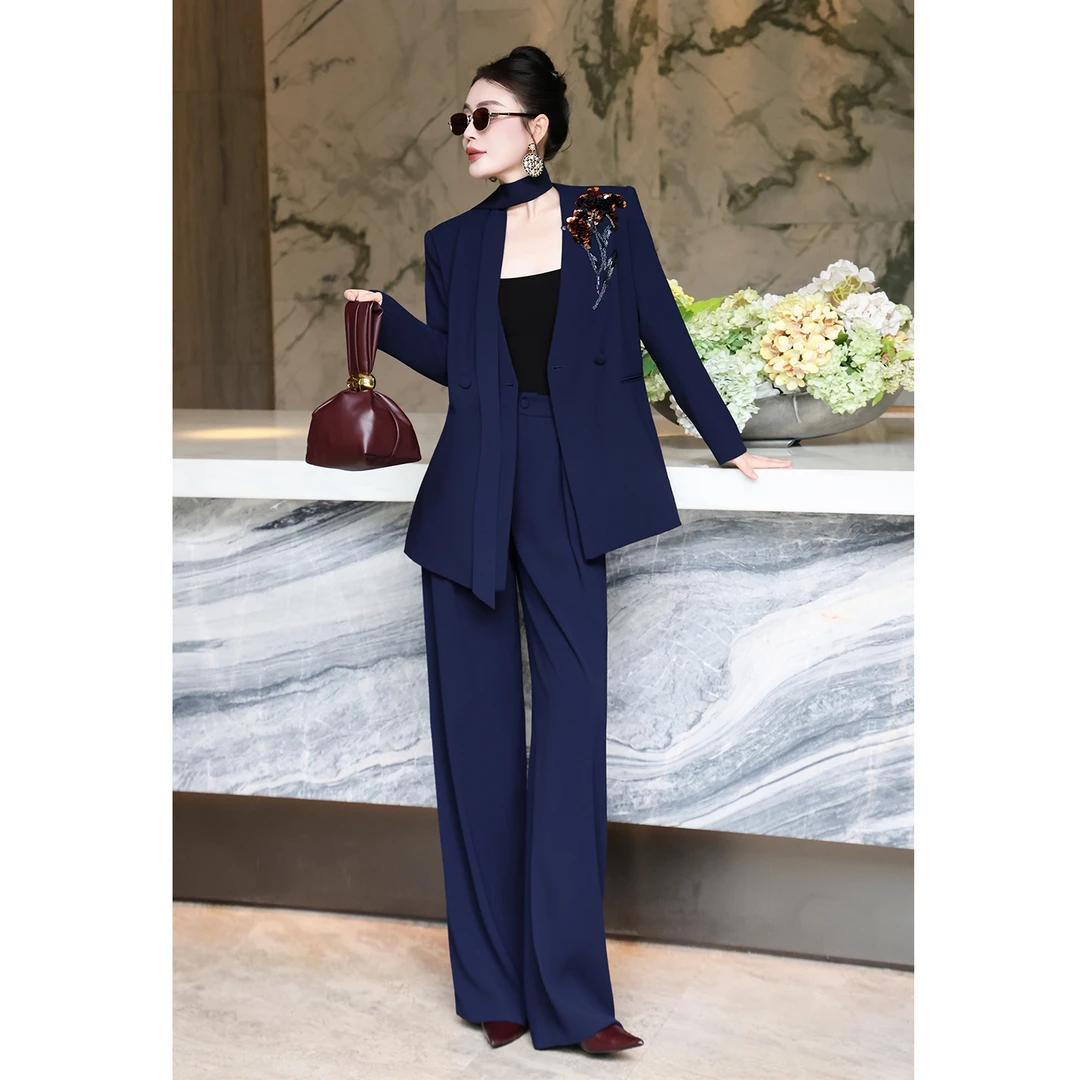 重工钉珠亮片西服套装美业工作服时尚通勤宽松V领西装长裤两件套