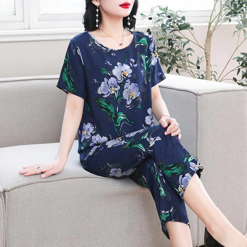 短袖套装新款新中式宽松高级棉绸套装女夏季碎花大码中老年人妈妈