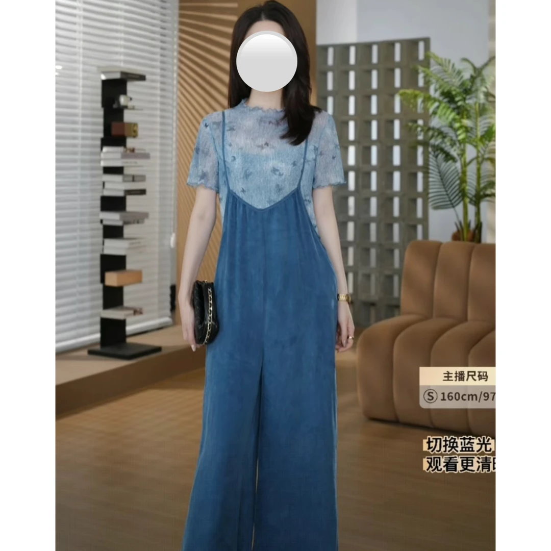 运补6-8“背带裤”68%莱赛尔花边上衣吊带连体裤套装CY5BB23617