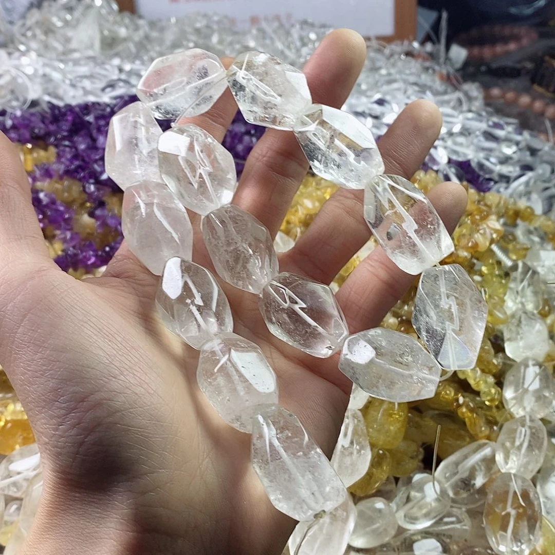 玛瑙/玉髓珠宝半成品未镶嵌哔**啦一条白水晶切角桶珠C165