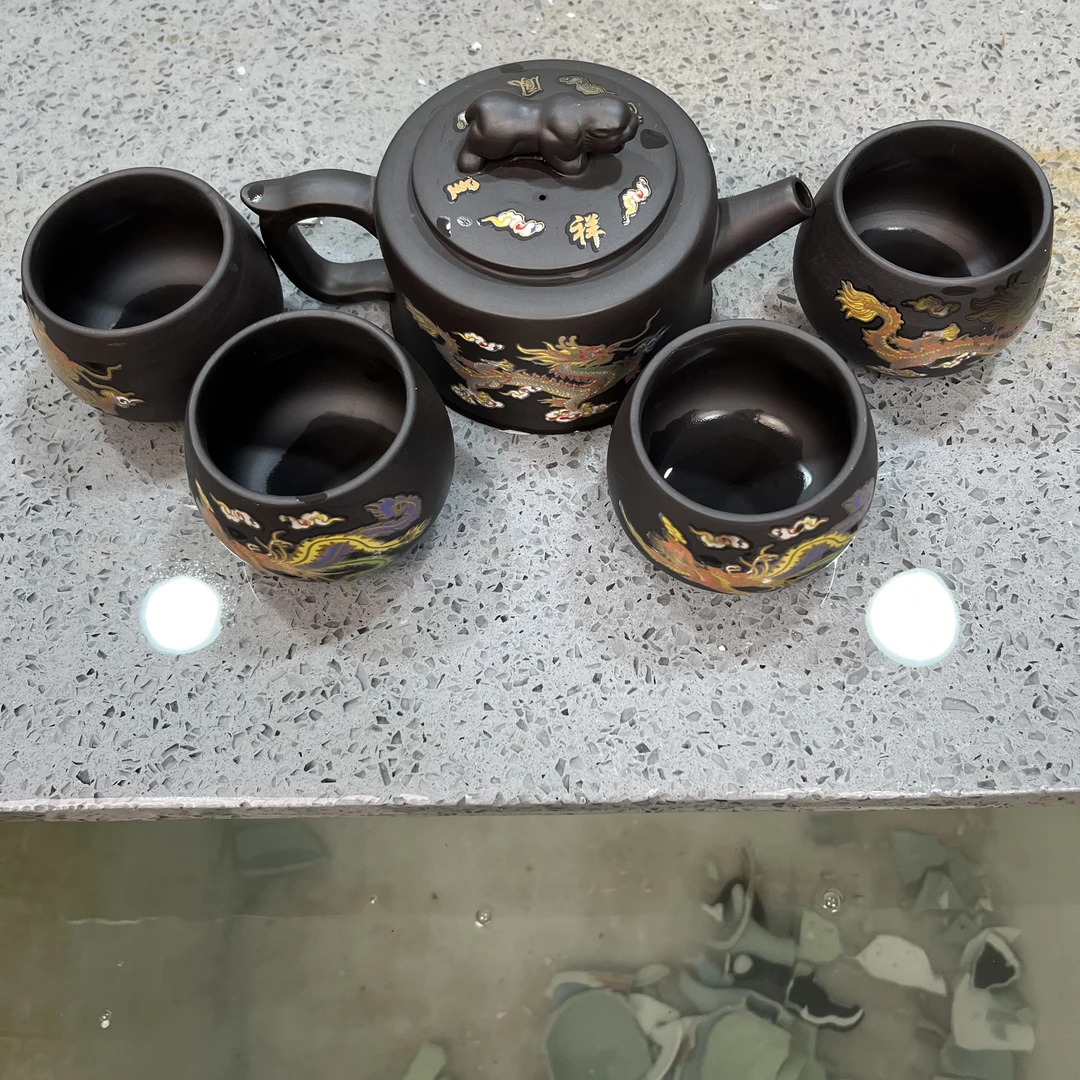 老紫泥大容量卧虎藏龙手工井栏壶内雕刻260毫升（一壶4主杯） F2