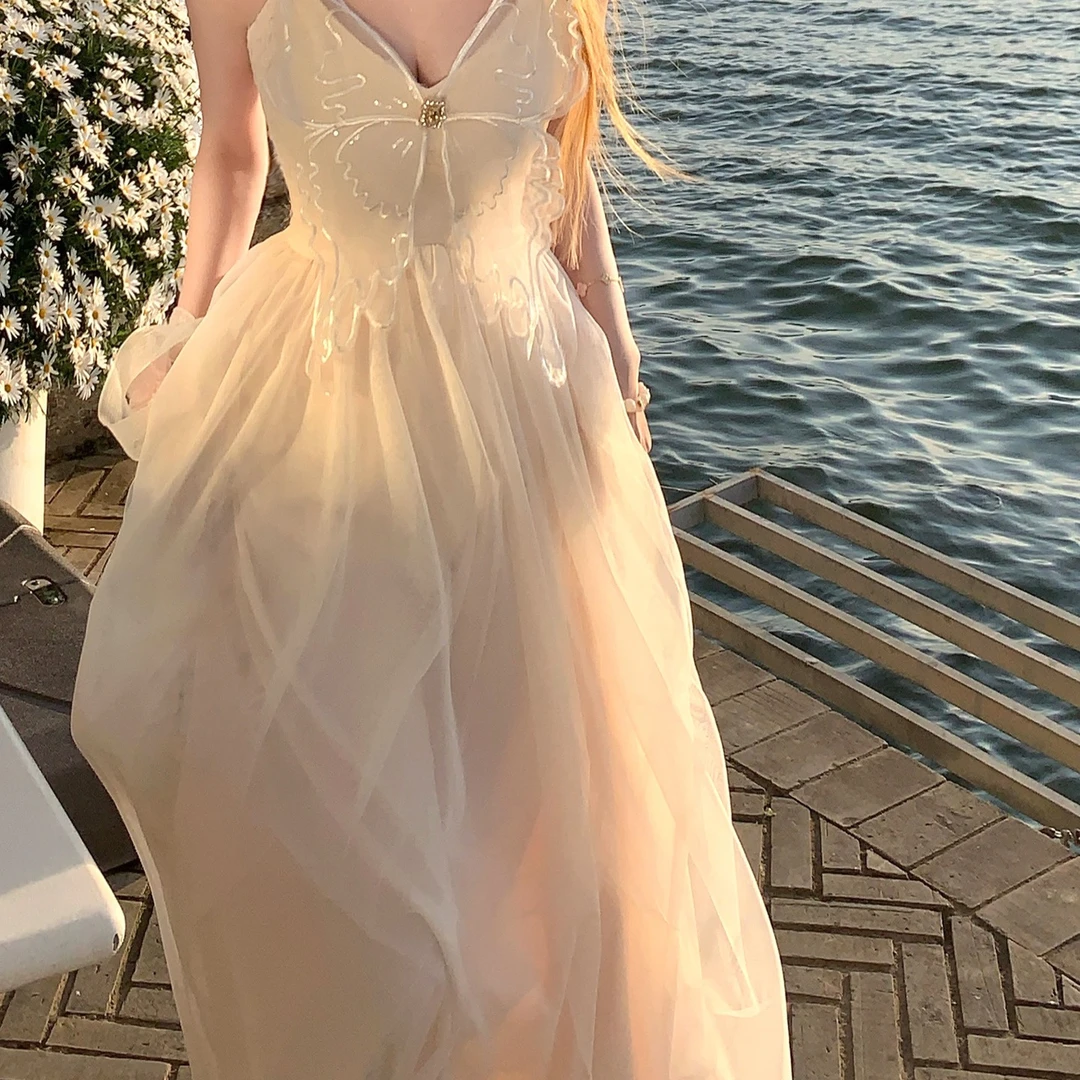OLOIU仙女裙吊带连衣裙海边度假连衣裙子夏季沙滩吊带裙长裙新白