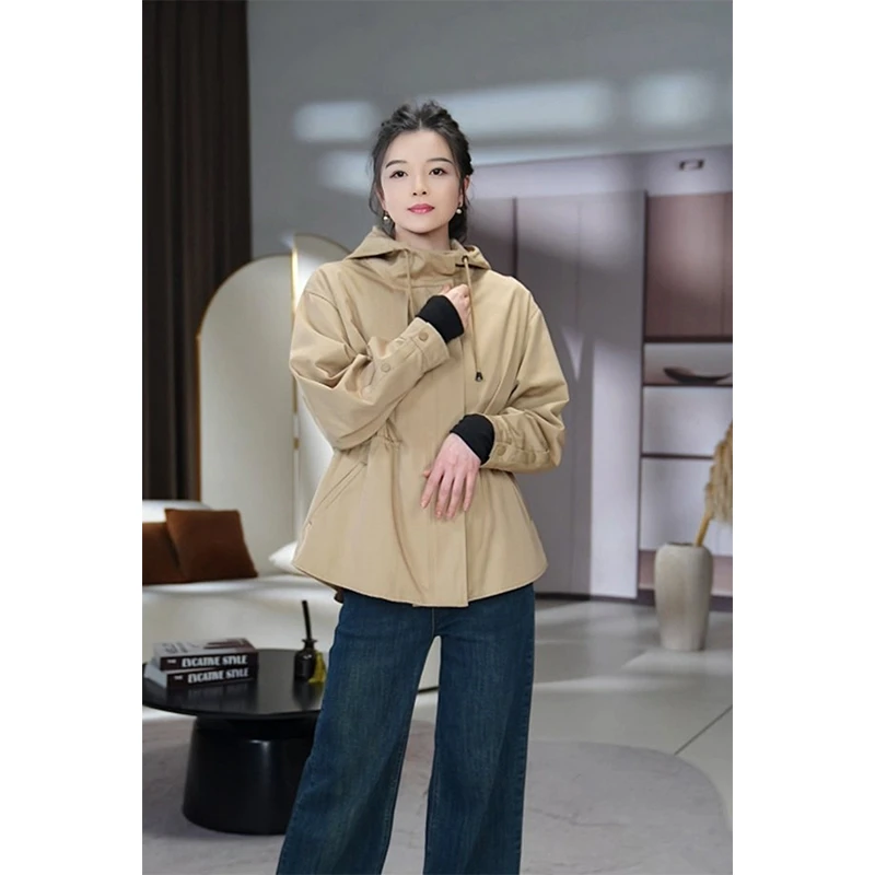 二喜2025新款春秋抽绳收腰休闲宽松风衣薄款显瘦百搭连帽外套女