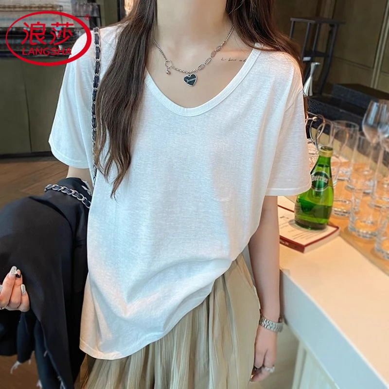 浪莎宽松白色短袖T恤女v领2025夏季新款雪花棉薄款休闲上衣