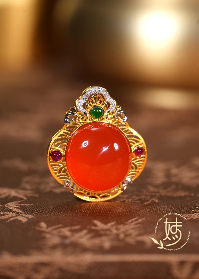 【婧婧精选】典藏级 · 18K金宝石级冰红南红花丝镶嵌吊坠 国风南红