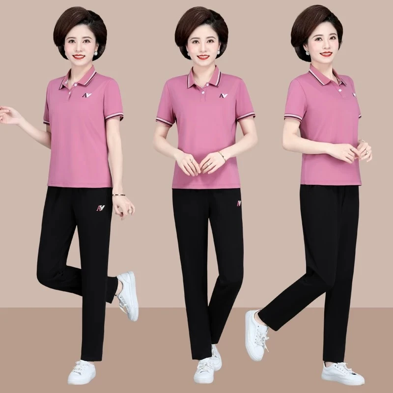 2025夏季妈妈夏装短袖T恤中年妇女洋气中老年夏季运动服套装6988