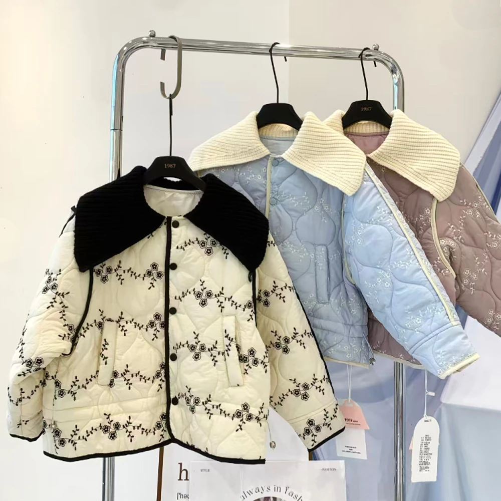 Viciusss丸社童装2025年冬季新款女童针织设计感翻领碎花棉服外套