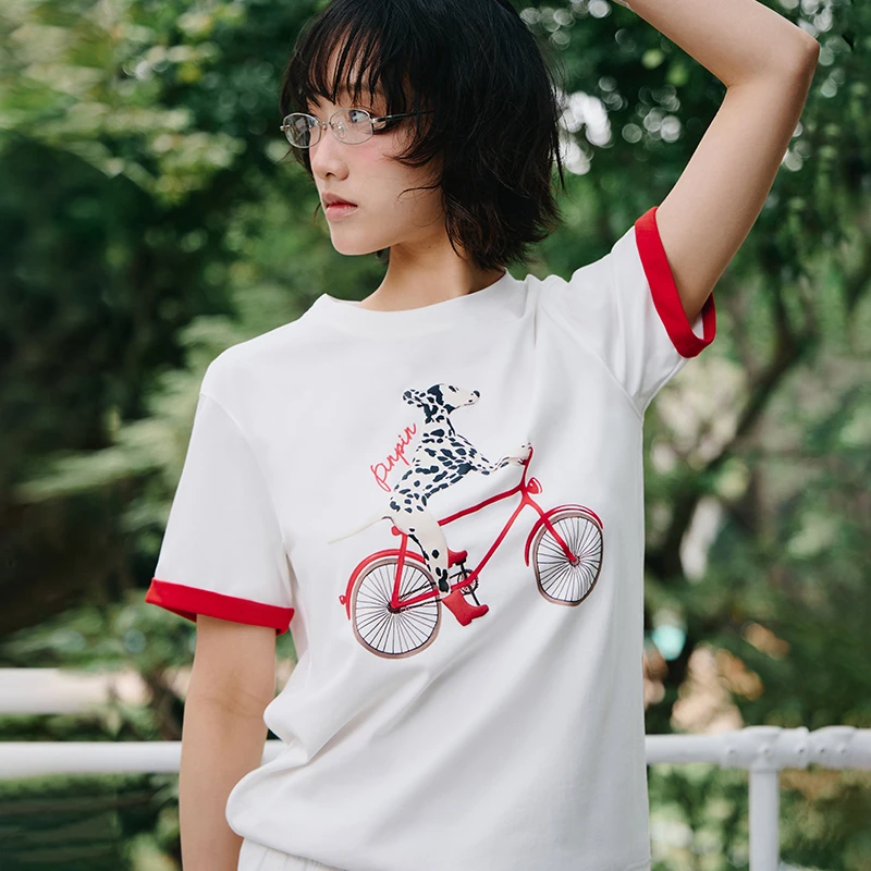 「PINPINPLUS」PP+小狗骑行红色百搭骑自行车小狗印花PABEB210010Y