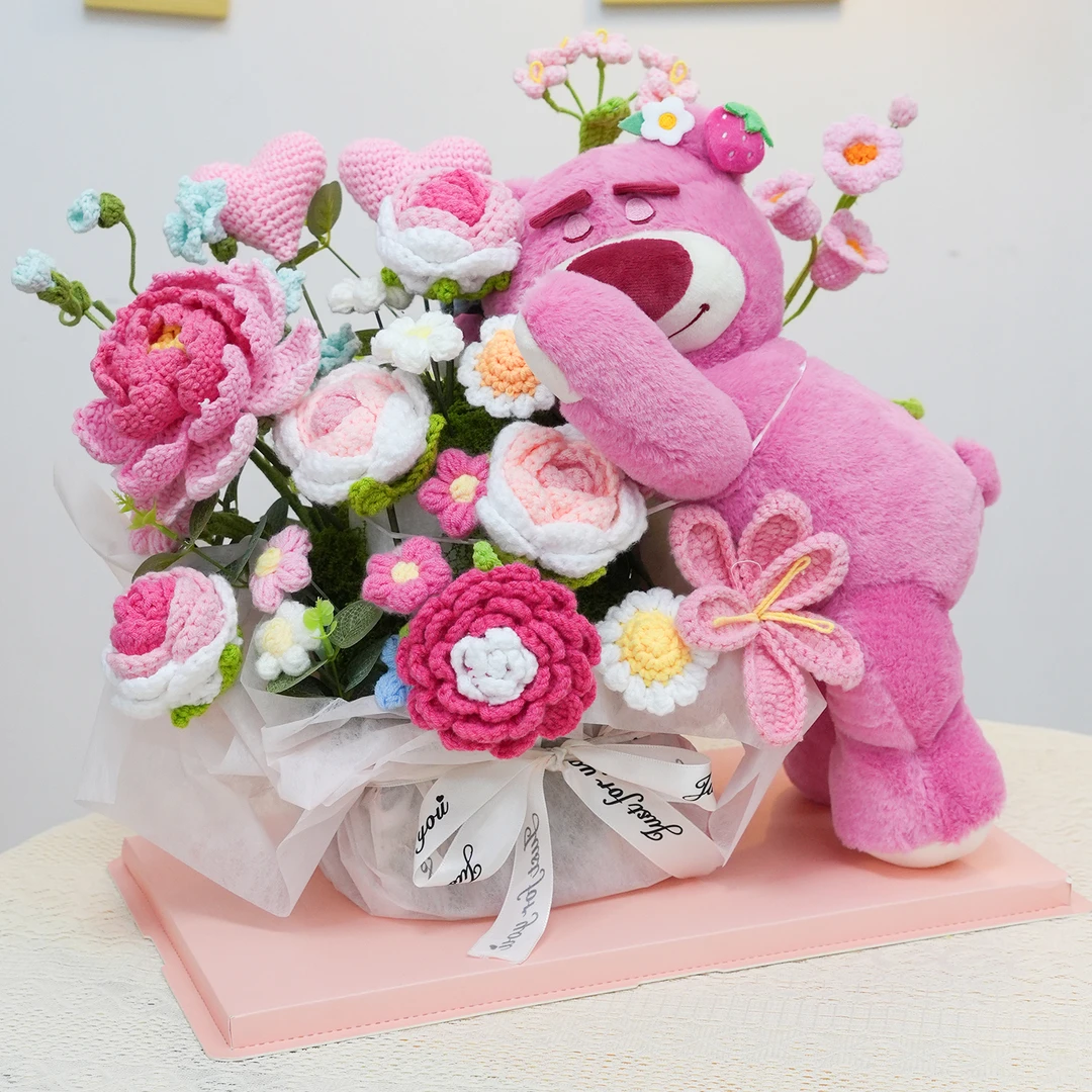 生日礼物创意草莓熊手工针织牡丹玫瑰摆件带玩偶花束送闺蜜女儿